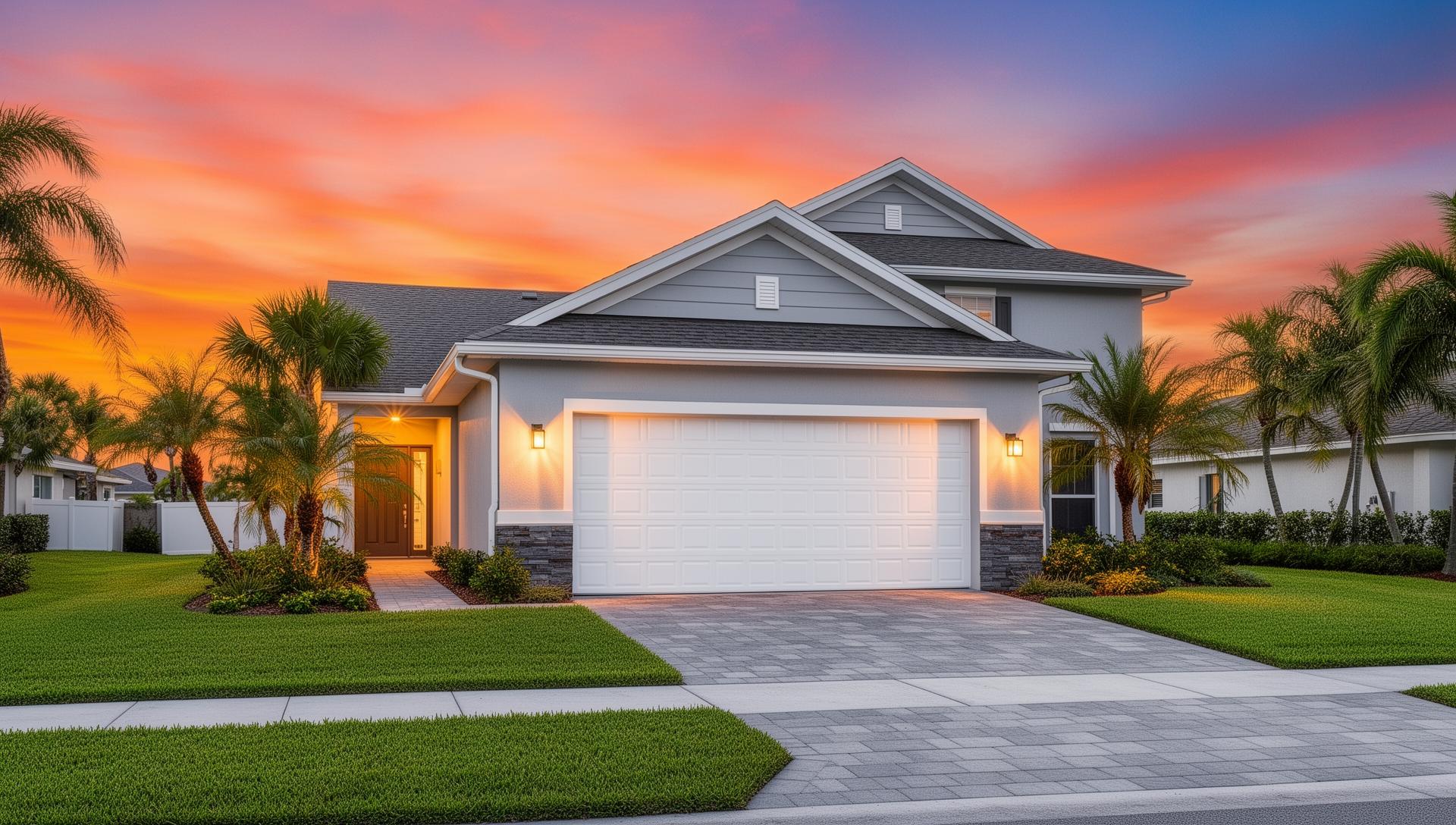 Beautiful modern home with garage door at sunset in Florida